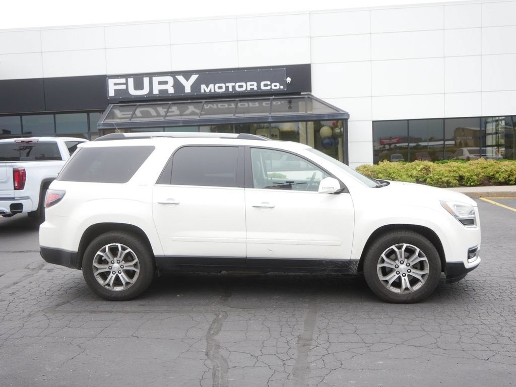 2015 GMC Acadia SLT in Summit White — front three-quarter view